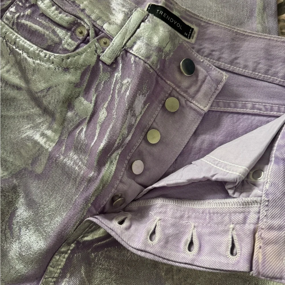 Trendyol Collection Women's Lilac Shiny Metallic Printed High‎ Waist Wide Leg 34